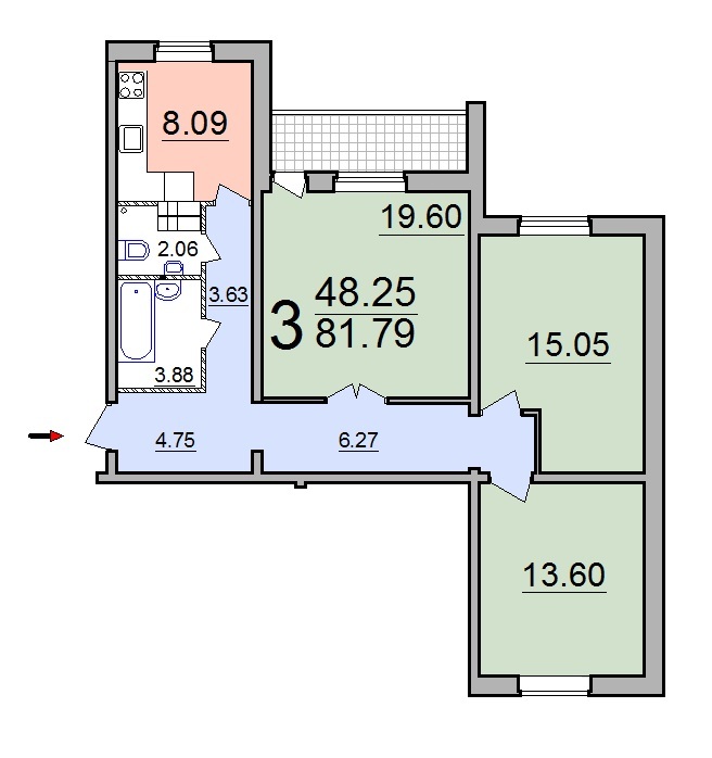 3-комнатная 81.79 м² в ЖК на ул. Березовая (Кирова), 28 от застройщика, г. Бровары