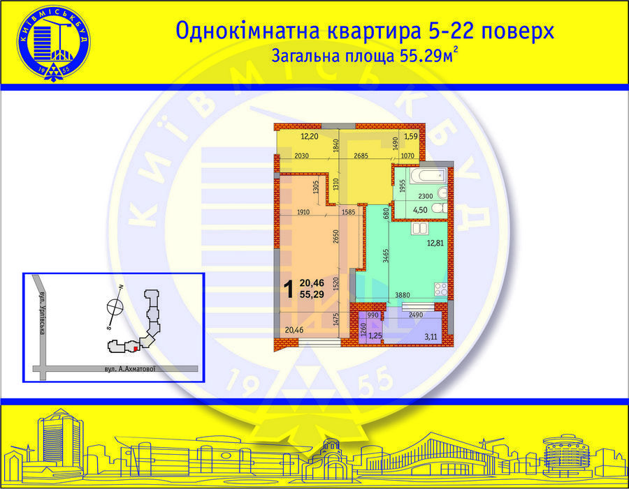 1-кімнатна 55.29 м² в ЖК на вул. Ахматової, 30 (будм-к. 7, Позняки-2) від забудовника, Київ