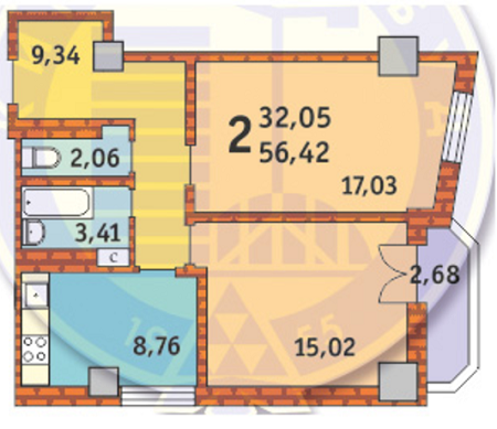 2-комнатная 56.42 м² в ЖК на ул. Гарматная, 39Г от застройщика, Киев