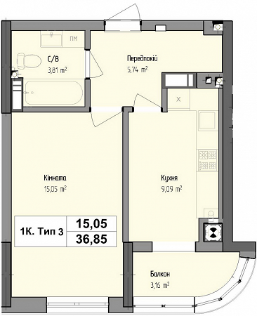 1-комнатная 36.85 м² в ЖК Черновола от застройщика, г. Вишневое