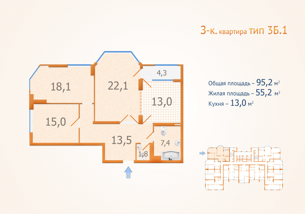 3-кімнатна 95.2 м² в ЖК Авангард від забудовника, Київ