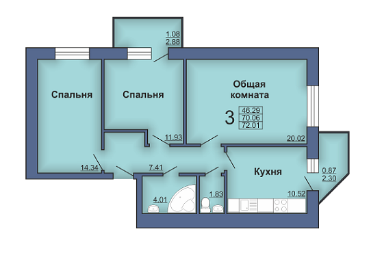 3-комнатная 72.01 м² в ЖК на ул. Героев Сталинграда, 4 от застройщика, Полтава