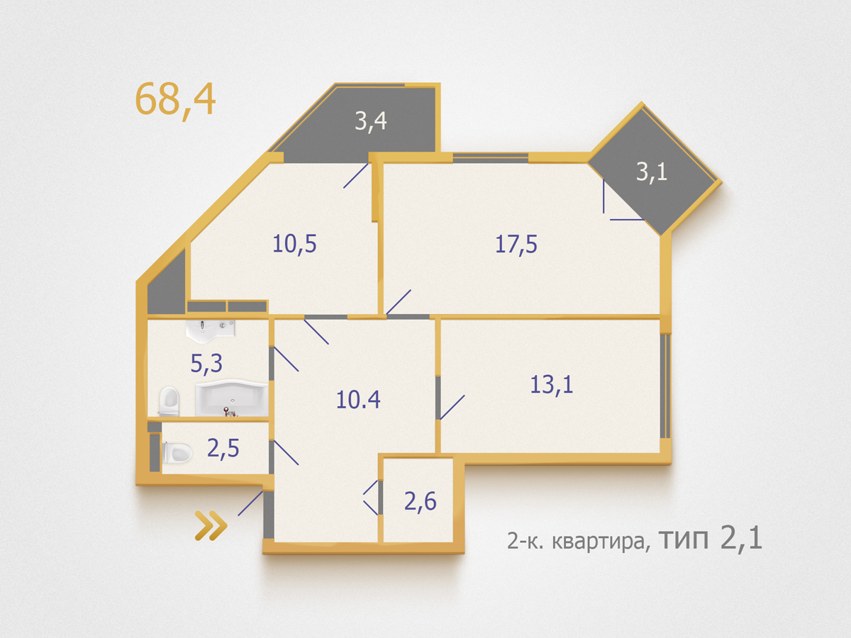 2-комнатная 68.4 м² в ЖК Артемовский от застройщика, Киев