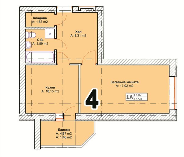 1-комнатная 42.5 м² в ЖК Полтавский от застройщика, г. Буча