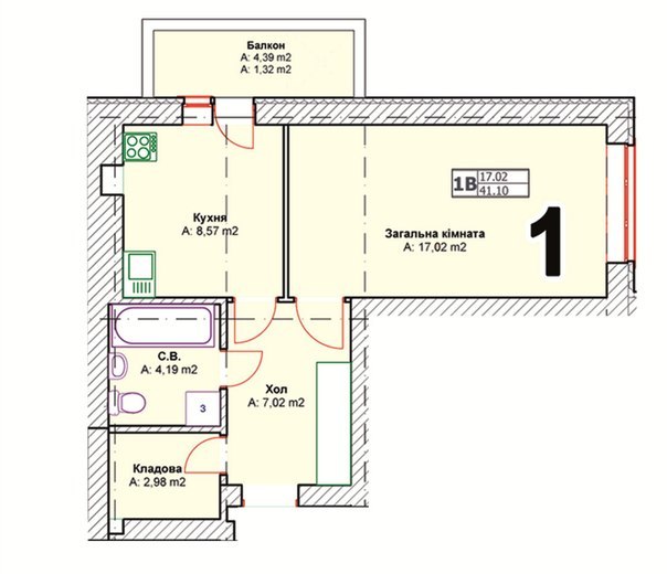 1-комнатная 41.1 м² в ЖК Полтавский от застройщика, г. Буча