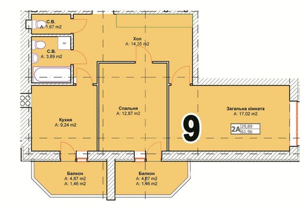 2-комнатная 61.96 м² в ЖК Полтавский от застройщика, г. Буча