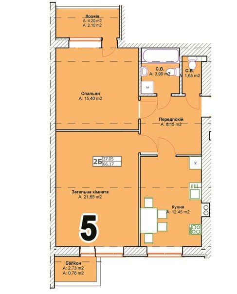 2-комнатная 66.17 м² в ЖК Полтавский от застройщика, г. Буча