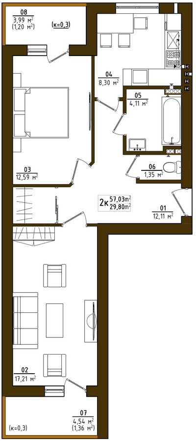 2-кімнатна 57.03 м² в ЖК Desna residence від забудовника, с. Зазим`я