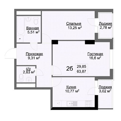 2-комнатная 63.87 м² в ЖК Журавли от 26 800 грн/м², Харьков