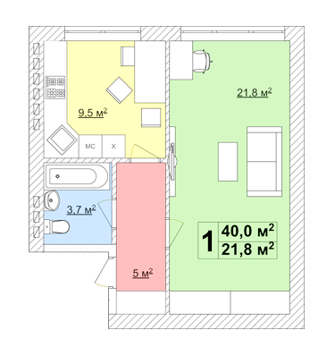 1-комнатная 40 м² в ЖК Спутник-Теремки от 18 000 грн/м², с. Гатное