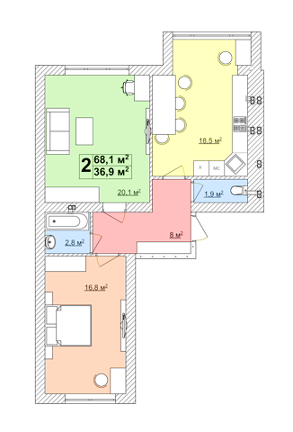 2-комнатная 68.1 м² в ЖК Спутник-Теремки от застройщика, с. Гатное