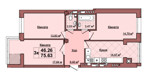 3-комнатная 75.63 м² в ЖК Khmelnytskyi Park от 13 700 грн/м², Львов