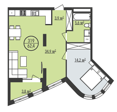 1-комнатная 62.4 м² в ЖК Парус Park от застройщика, Львов