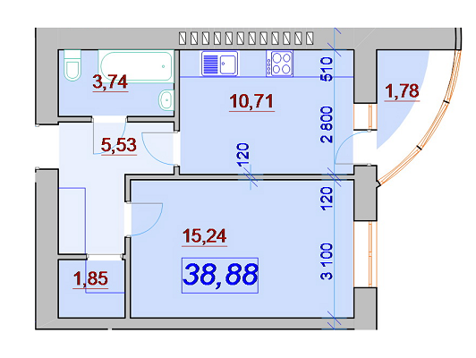 1-комнатная 38.88 м² в ЖК Red House II от застройщика, Ивано-Франковск