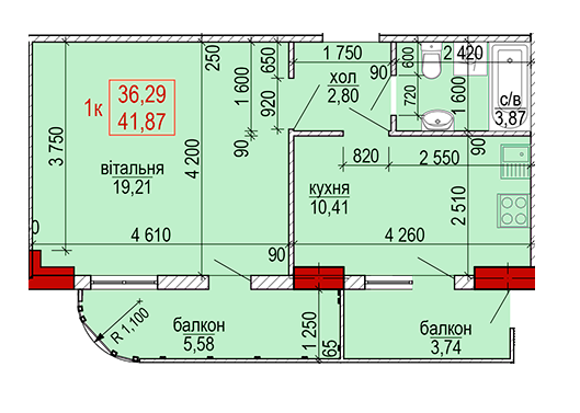 1-комнатная 41.87 м² в ЖК SKY центр от застройщика, Ивано-Франковск