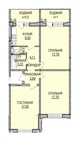 3-комнатная 80.34 м² в ЖК на ул. Дагаева, 5 от застройщика, пгт Песочин