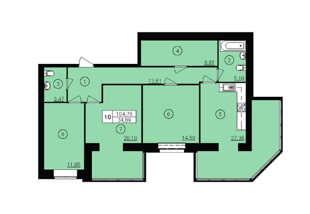 3-комнатная 104.78 м² в ЖК Юбилейный от застройщика, г. Кривой рог