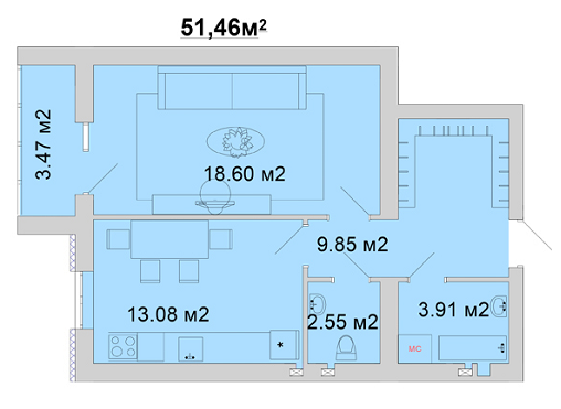 1-комнатная 51.46 м² в ЖМ Радуга от 11 800 грн/м², Винница