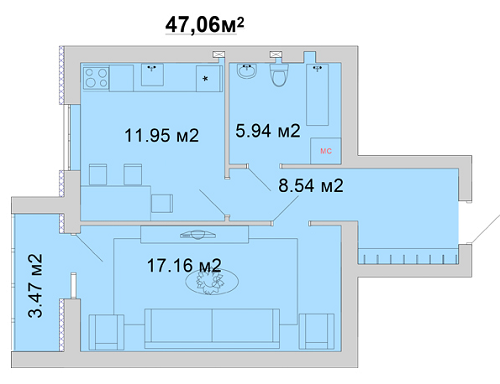 1-комнатная 47.06 м² в ЖМ Радуга от 11 800 грн/м², Винница