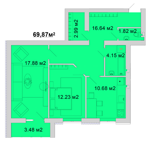 2-комнатная 69.87 м² в ЖМ Радуга от 11 800 грн/м², Винница