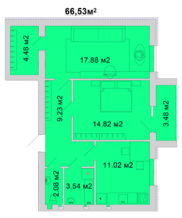 2-комнатная 66.53 м² в ЖМ Радуга от 11 800 грн/м², Винница