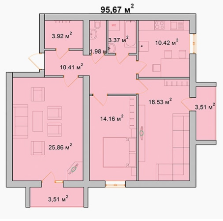 3-комнатная 95.67 м² в ЖМ Радуга от застройщика, Винница