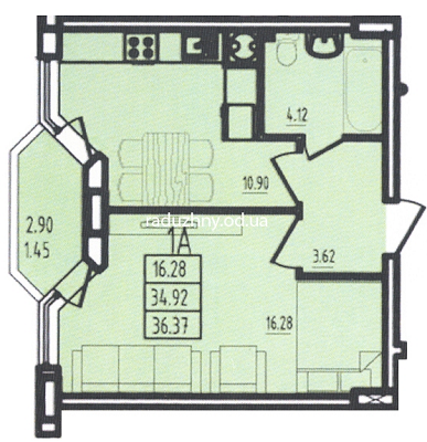 1-комнатная 36.37 м² в ЖК Радужный от 14 410 грн/м², Одесса