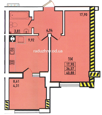 1-комнатная 40.88 м² в ЖК Радужный от застройщика, Одесса