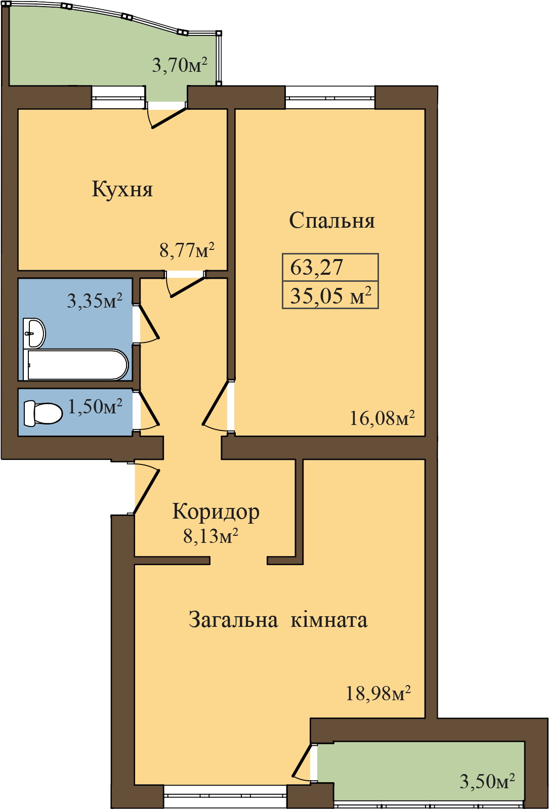 2-комнатная 63.27 м² в ЖК Садовый от застройщика, пгт Попельня