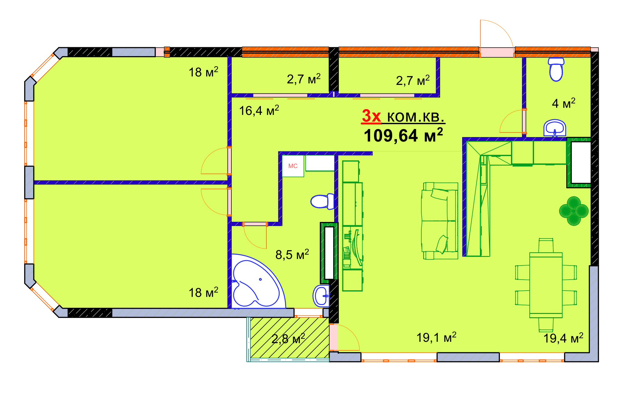 3-кімнатна 109.64 м² в ЖК Моноліт від 16 000 грн/м², Запоріжжя