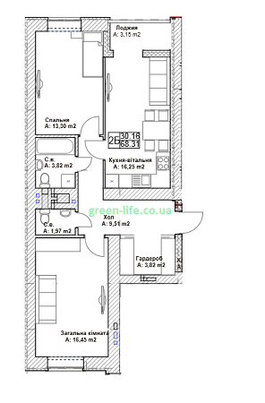 2-комнатная 68.31 м² в ЖК Green Life-3 от 14 350 грн/м², г. Ирпень