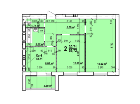 2-кімнатна 55.72 м² в ЖК Миру-2 від 9 700 грн/м², Харків