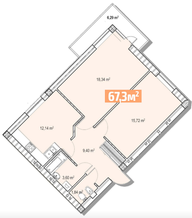 2-комнатная 67.3 м² в ЖК Приозерний от застройщика, г. Новояворовск