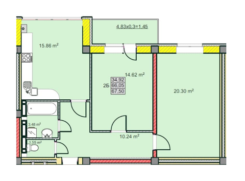 2-кімнатна 67.5 м² в ЖК на вул. Козацька, 15А від забудовника, Чернігів