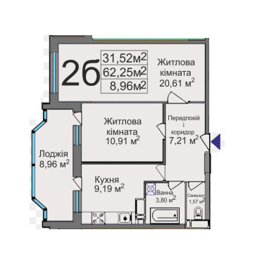 2-комнатная 62.25 м² в ЖК на вул. Тараскова, 5 от 13 900 грн/м², Черкассы