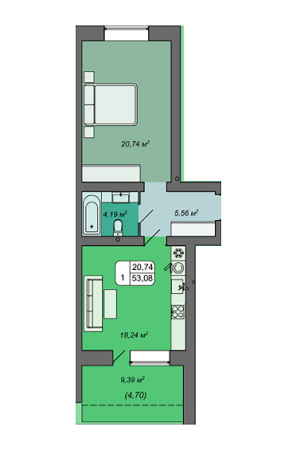 1-комнатная 53.08 м² в ЖК Green's от 14 500 грн/м², Винница