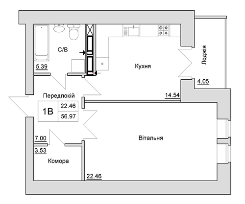 1-комнатная 56.97 м² в ЖД на ул. Шевченко, 4 от застройщика, г. Ирпень