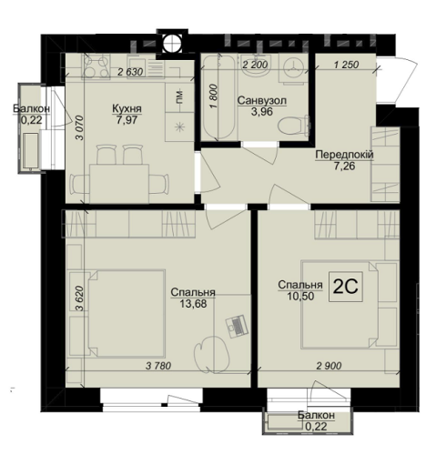 2-комнатная 43.81 м² в ЖК Бархатный от 13 900 грн/м², с. Софиевская Борщаговка