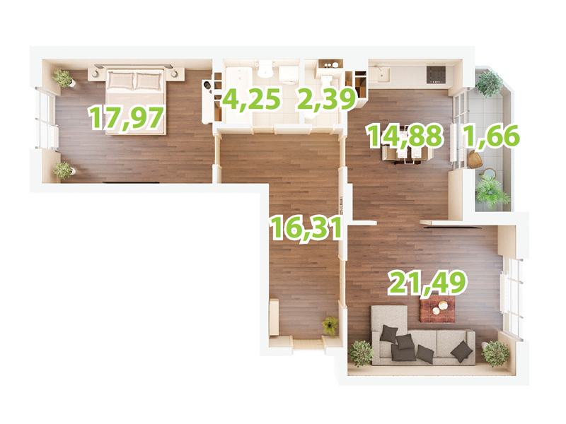 2-комнатная 78.95 м² в ЖК Зеленый Остров-2 от застройщика, Киев