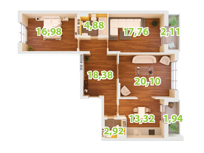 3-комнатная 98.39 м² в ЖК Зеленый Остров-2 от застройщика, Киев