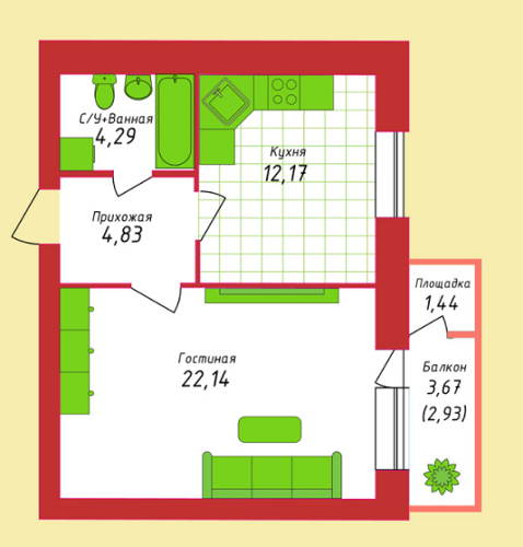 1-кімнатна 46.36 м² в ЖК Кампа від 13 600 грн/м², м. Буча