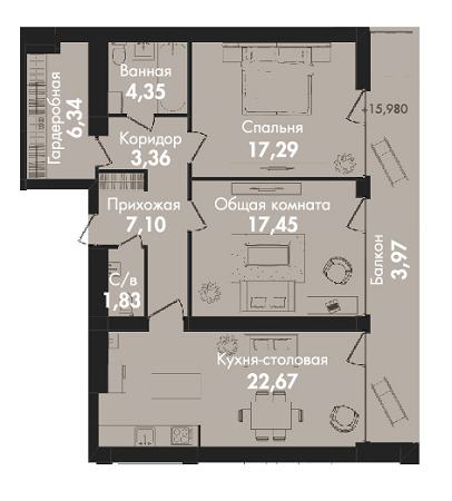 2-комнатная 84.36 м² в ЖК Кокос Авеню от застройщика, г. Южное