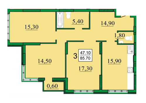 3-комнатная 85.7 м² в ЖК Лико-Град от застройщика, Киев