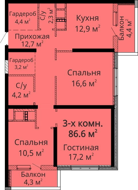 3-комнатная 86.6 м² в ЖК Мандарин от застройщика, Одесса