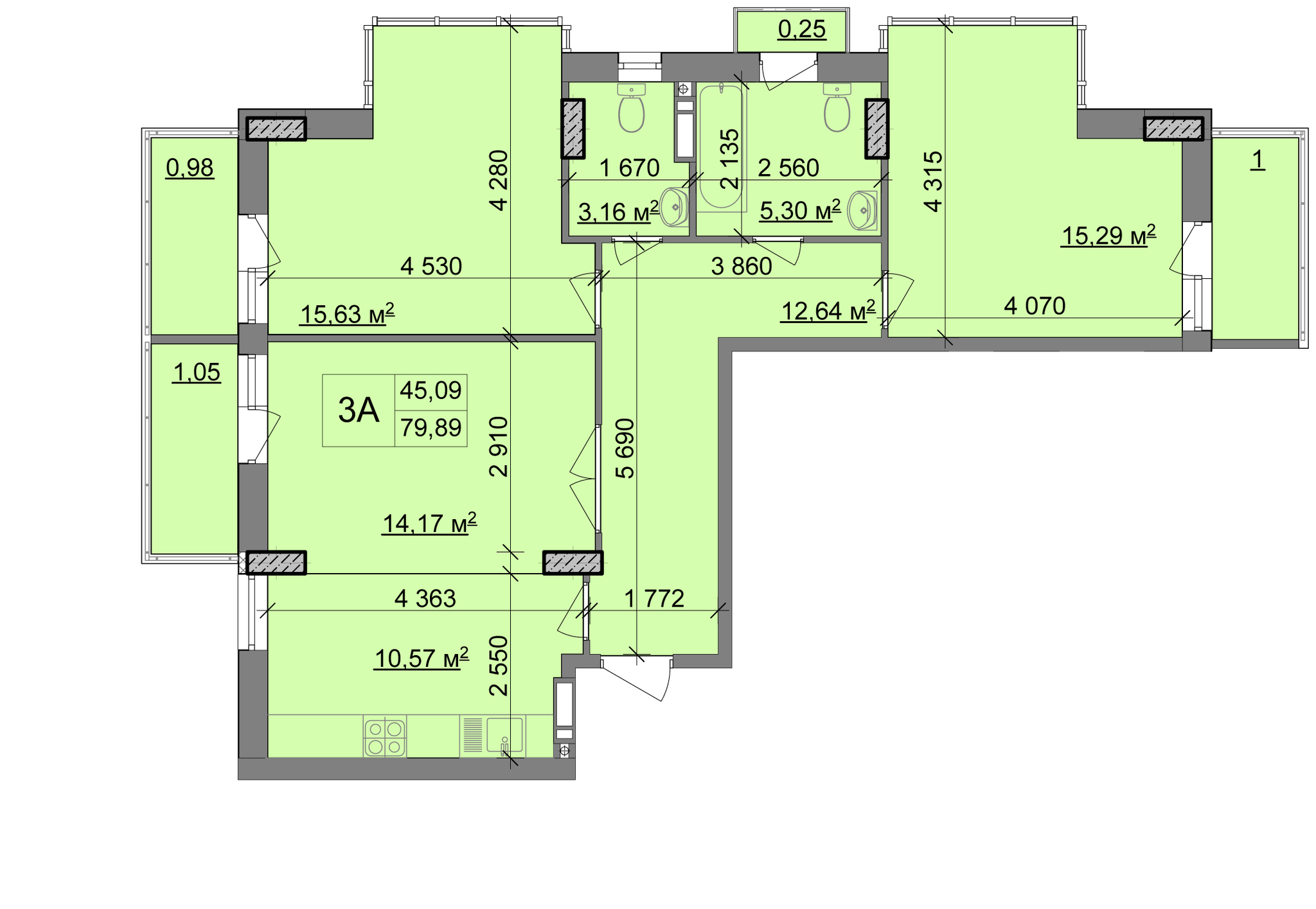 3-комнатная 79.89 м² в ЖК Мозаика от застройщика, Киев