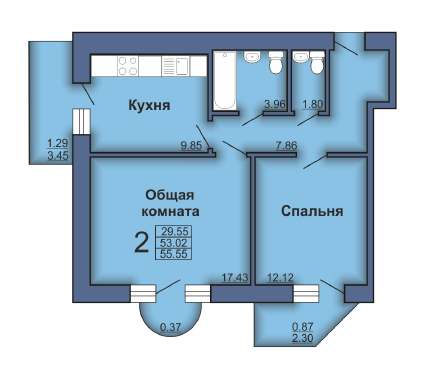 2-комнатная 55.55 м² в ЖК по бул. Маршала Конєва, 1б от застройщика, Полтава