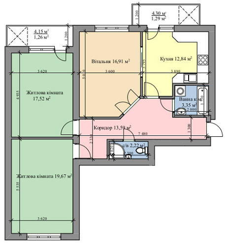 3-комнатная 88.65 м² в ЖК на ул. Врубеля, 15 от застройщика, Львов