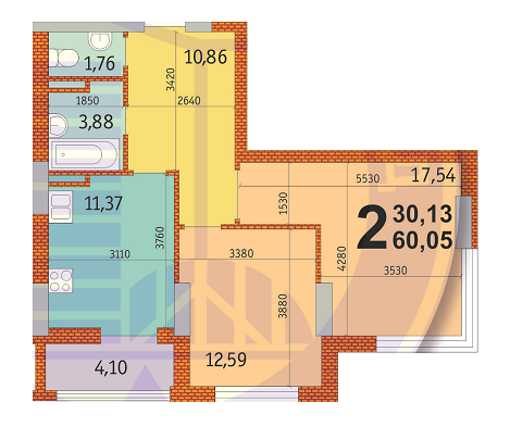 2-комнатная 60.05 м² в ЖК на ул. Гмыри, 17 от 25 900 грн/м², Киев