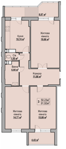 3-кімнатна 91.92 м² в ЖК на вул. Гоголя, 251 від забудовника, Черкаси