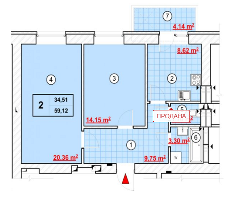 2-комнатная 59.12 м² в ЖК Дом на Еськова от застройщика, Чернигов